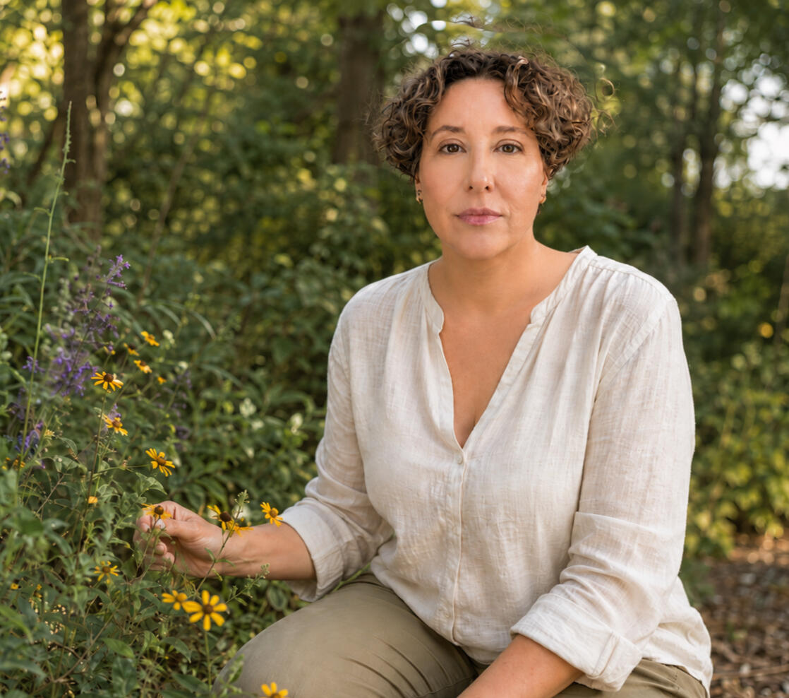 Michelle Anaya seated among flowering plants in a garden.